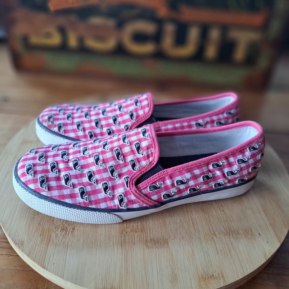 Sperry x Vineyard Vines Kids Slip On Shoes Size 3.5 Pink Whale Print Canvas